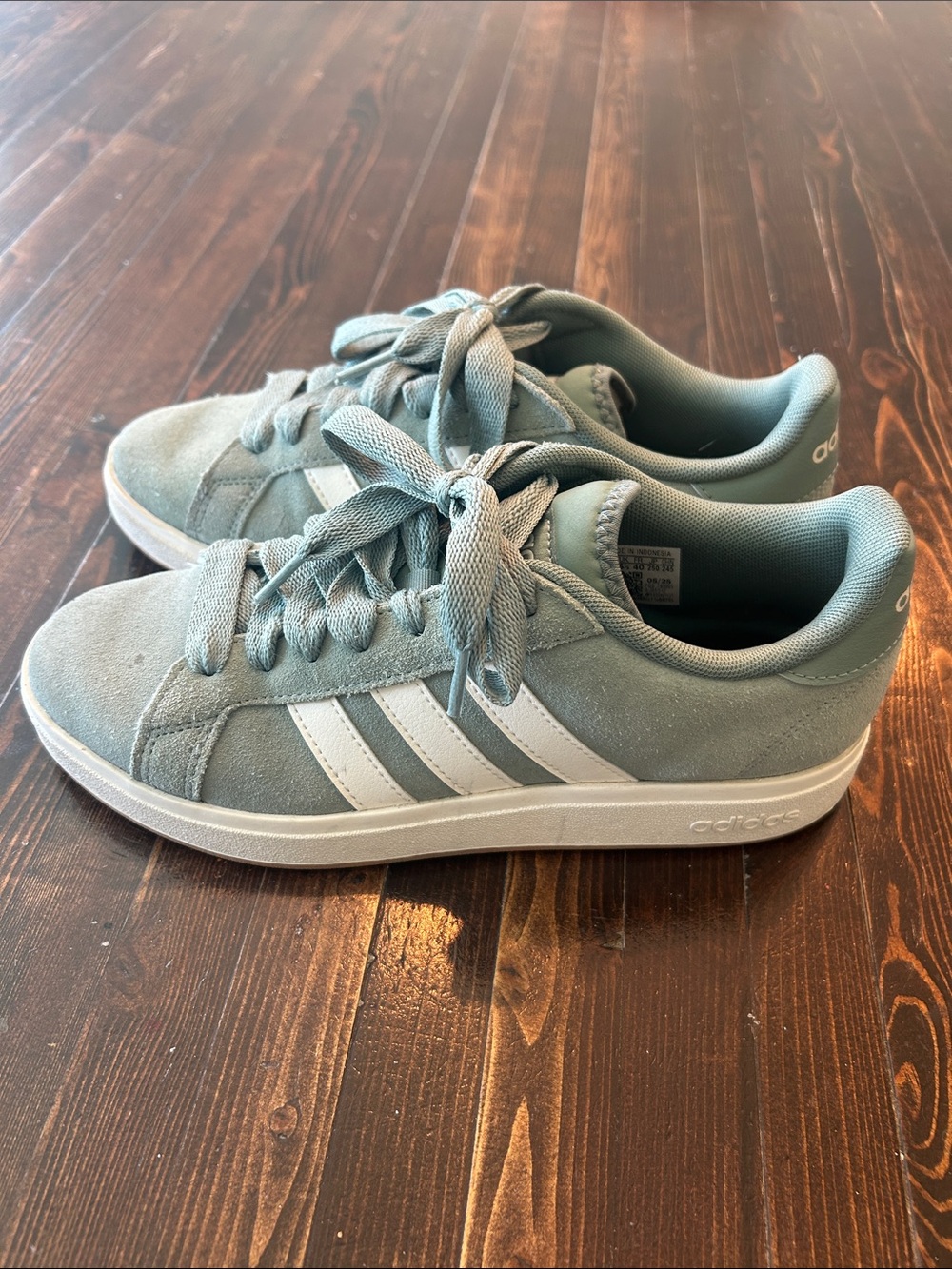 Adidas Women's Light Sage Suede Sneakers with White Stripes